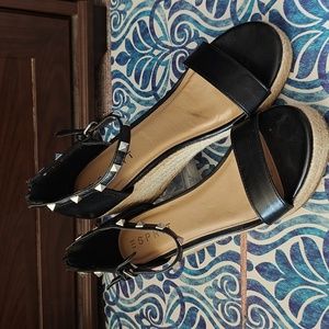 Esprit Black Romy Wedges w/ Studded Ankle Straps Espadrilles Wedge